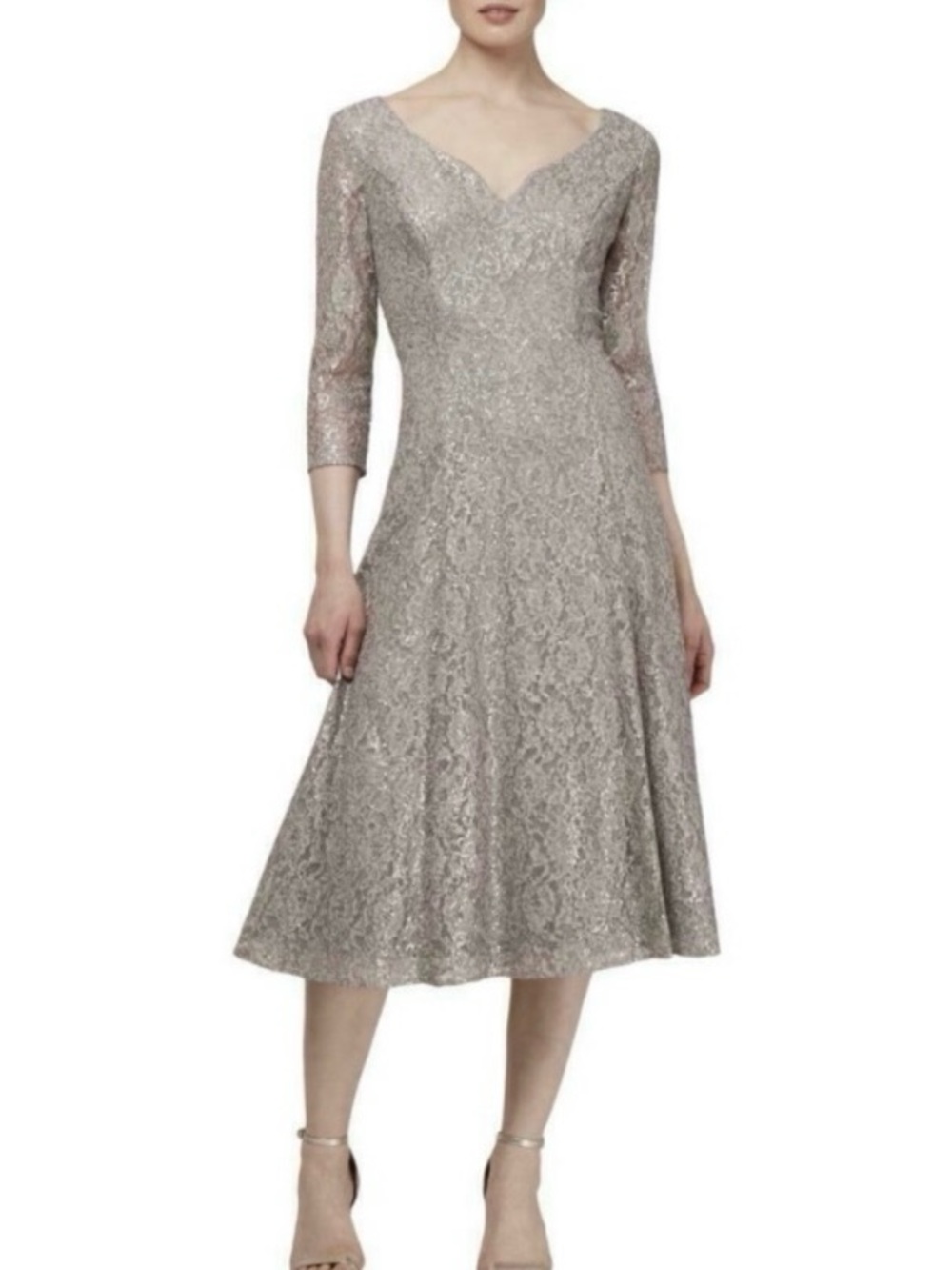 Metallic Gold Lace Midi Dress with Three-Quarter Sleeves